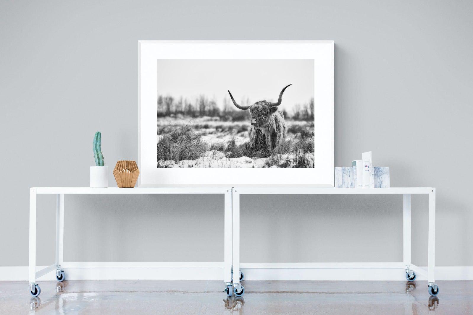 Scottish Highlander (black & white)-Wall_Art-120 x 90cm-Framed Print-White-Pixalot