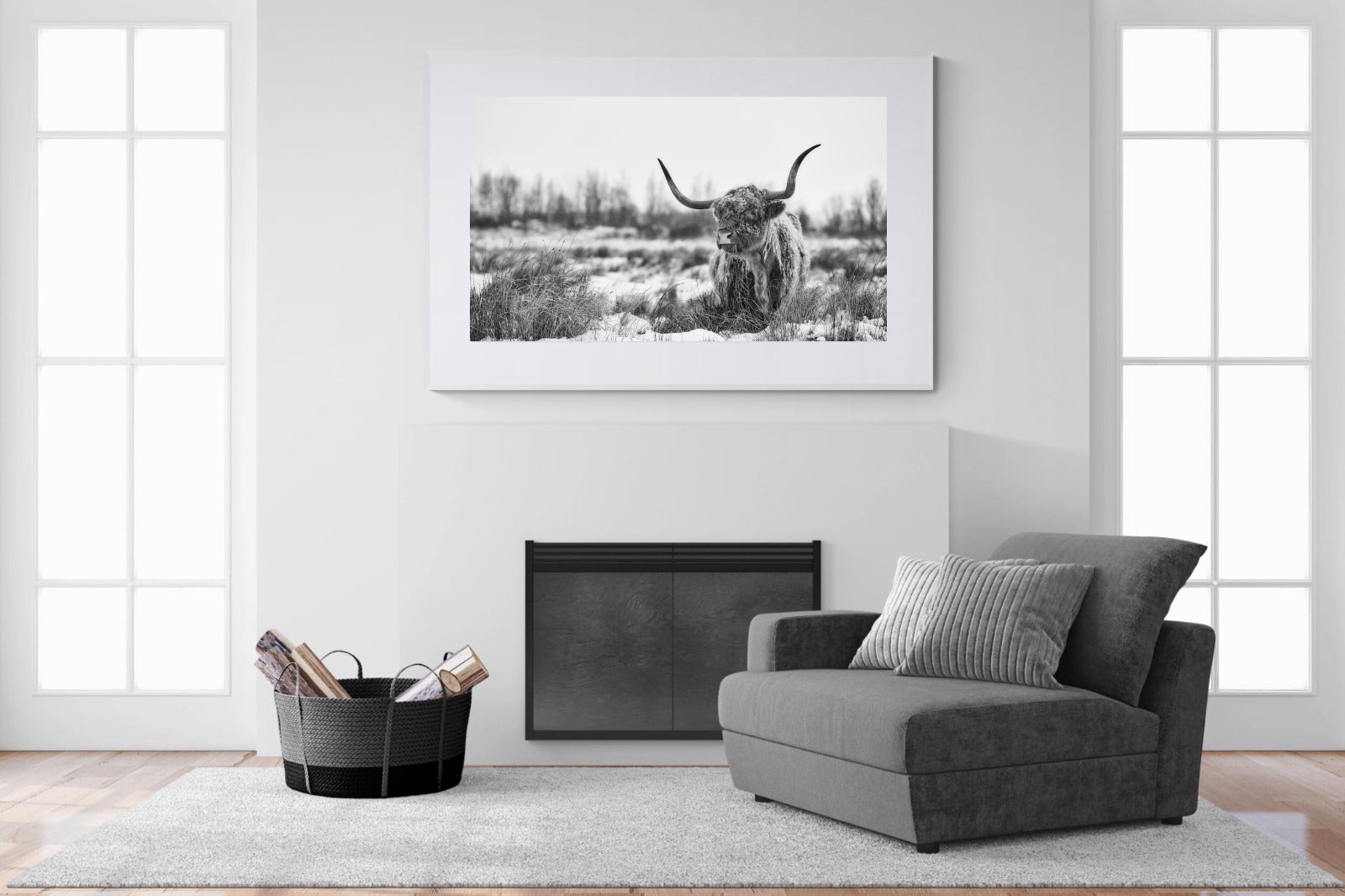 Scottish Highlander (black & white)-Wall_Art-150 x 100cm-Framed Print-White-Pixalot