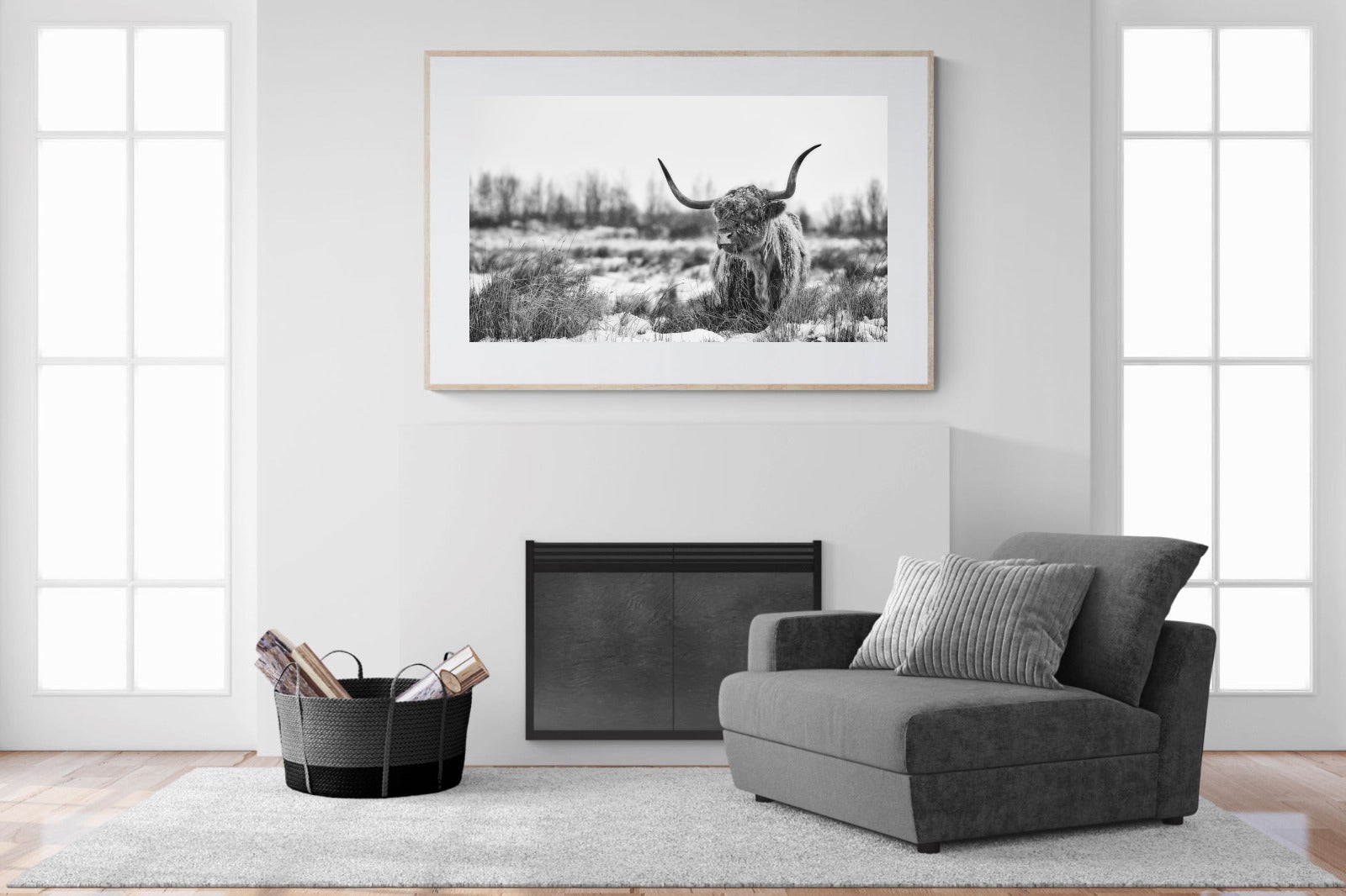 Scottish Highlander (black & white)-Wall_Art-150 x 100cm-Framed Print-Wood-Pixalot
