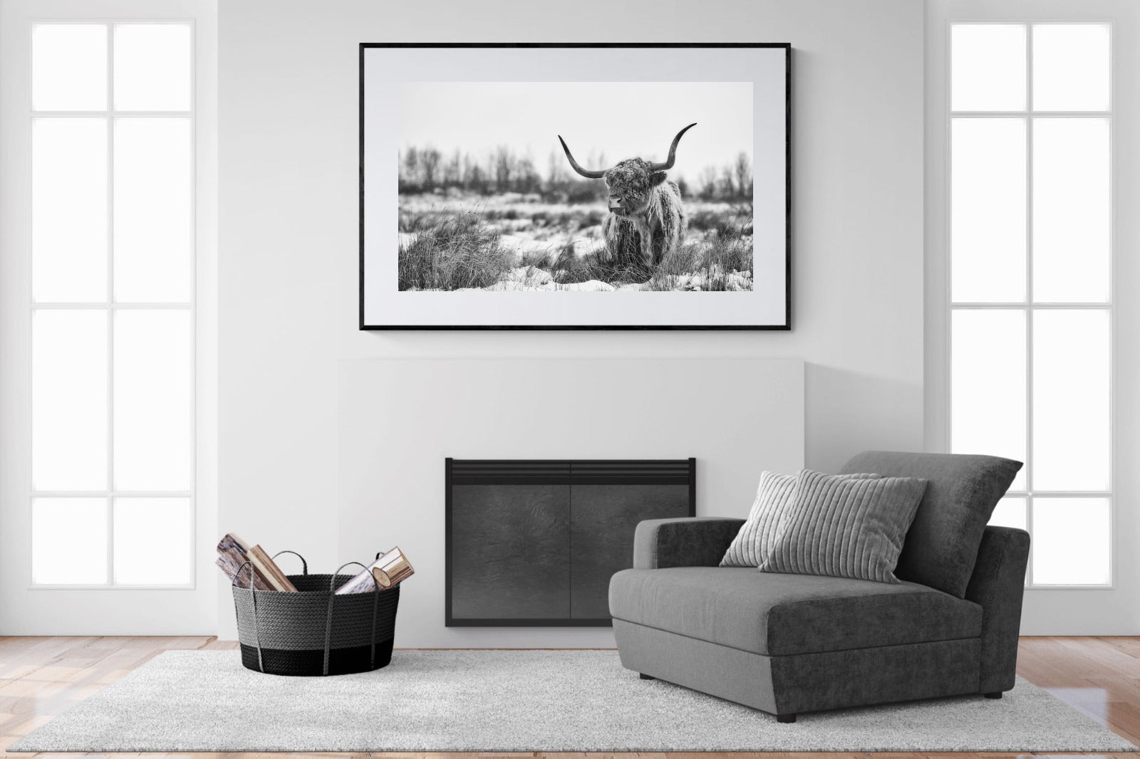 Scottish Highlander (black & white)-Wall_Art-150 x 100cm-Framed Print-Black-Pixalot