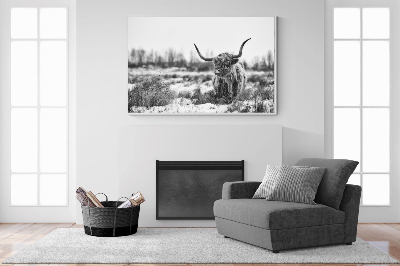 Scottish Highlander (black & white)-Wall_Art-150 x 100cm-Mounted Canvas-White-Pixalot