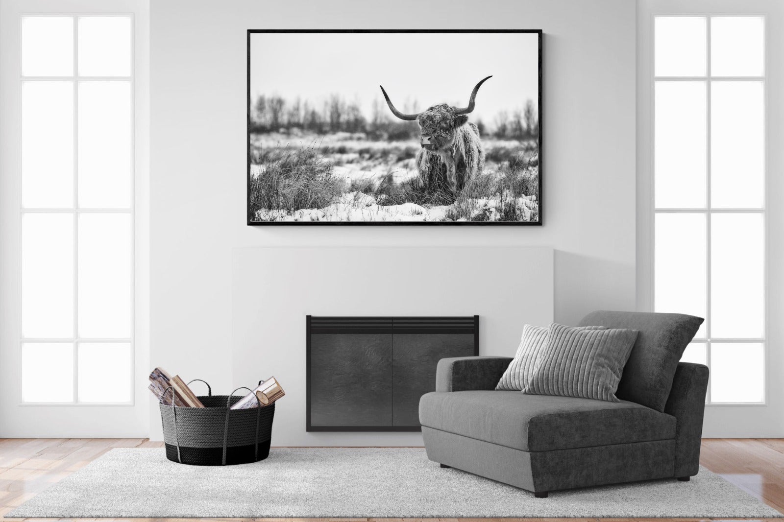 Scottish Highlander (black & white)-Wall_Art-150 x 100cm-Mounted Canvas-Black-Pixalot
