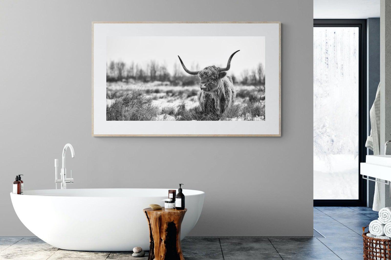 Scottish Highlander (black & white)-Wall_Art-180 x 110cm-Framed Print-Wood-Pixalot