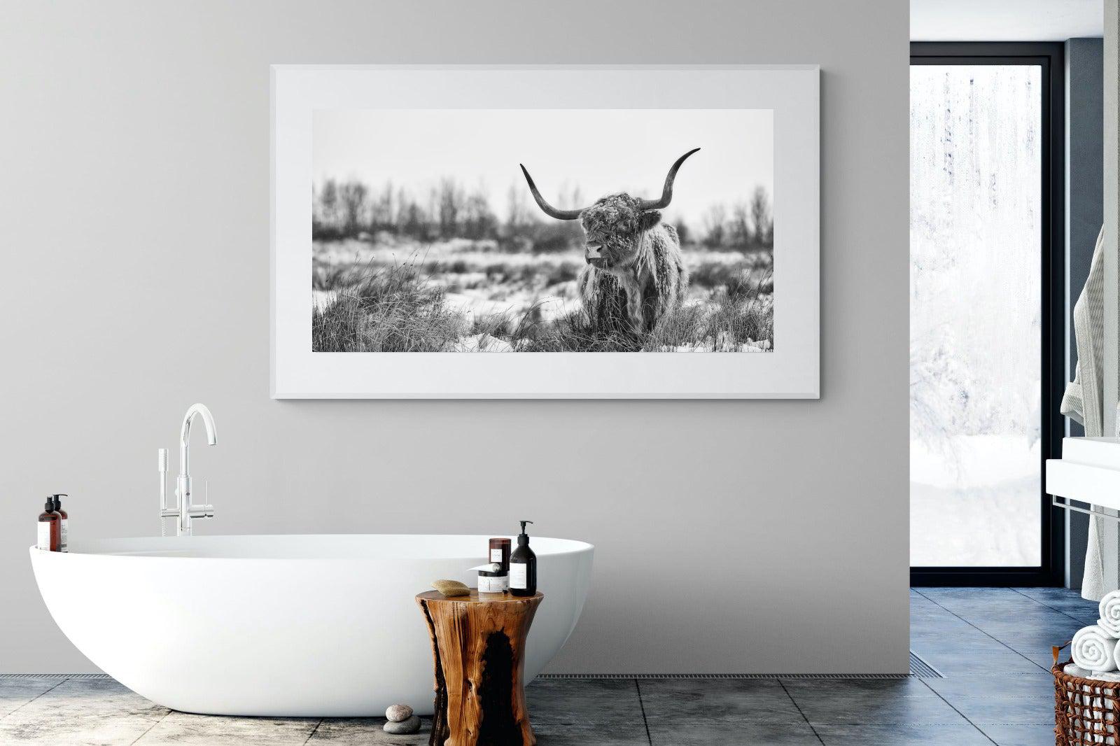 Scottish Highlander (black & white)-Wall_Art-180 x 110cm-Framed Print-White-Pixalot