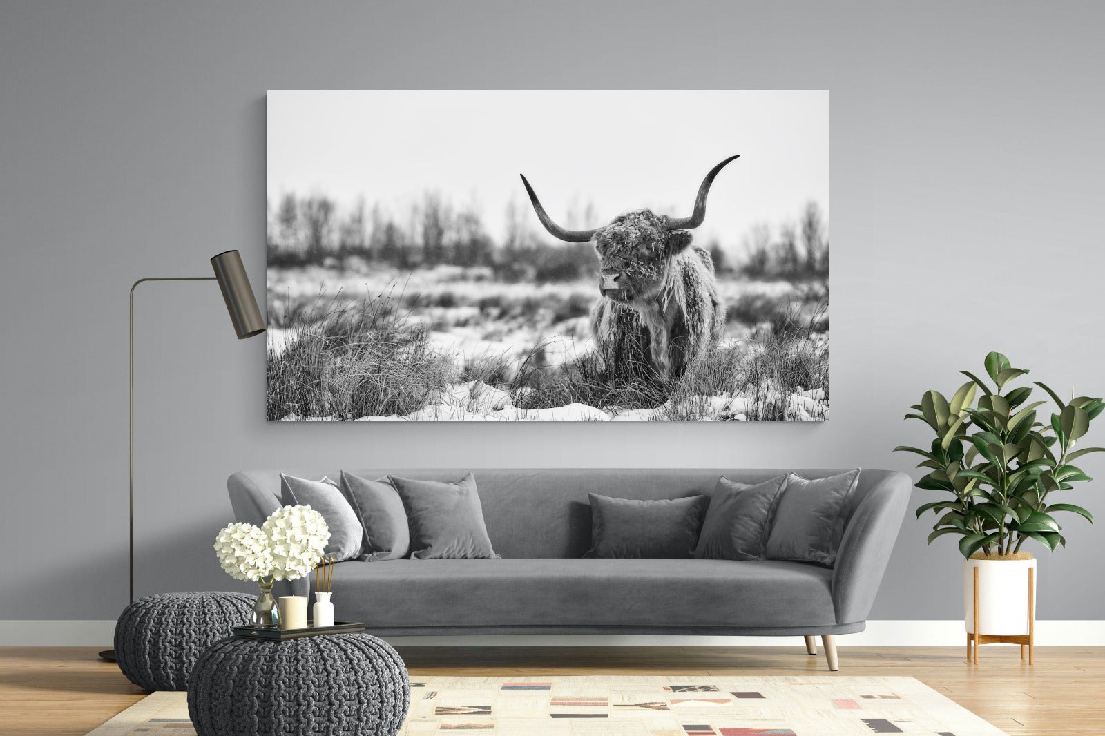Scottish Highlander (black & white)-Wall_Art-220 x 130cm-Mounted Canvas-No Frame-Pixalot