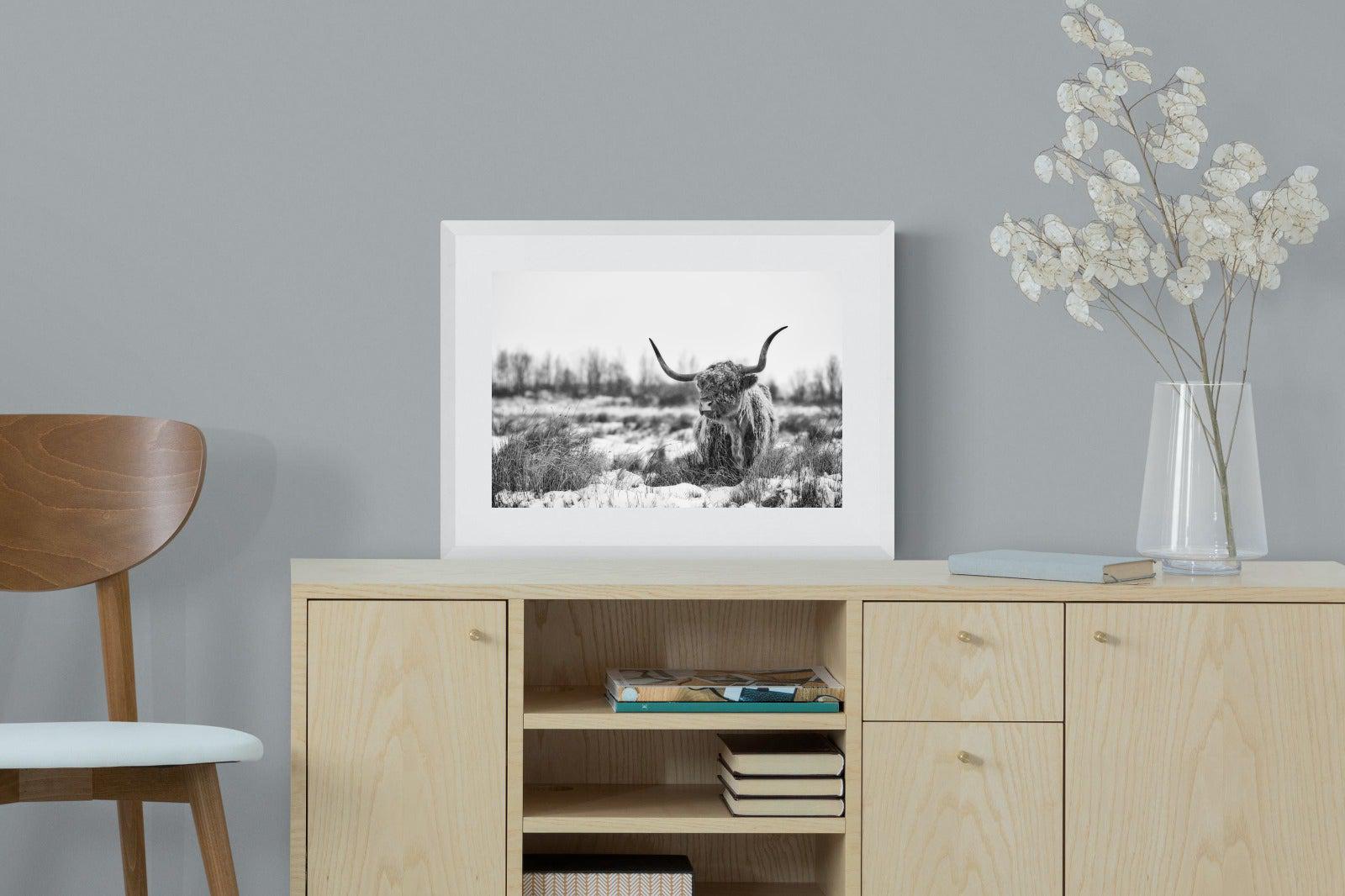 Scottish Highlander (black & white)-Wall_Art-60 x 45cm-Framed Print-White-Pixalot