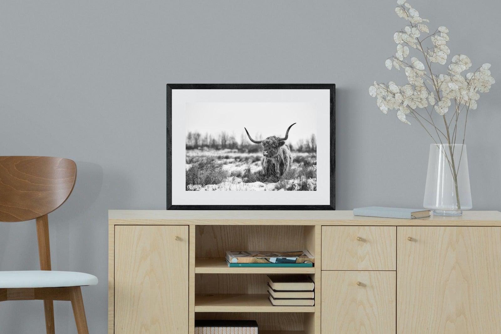 Scottish Highlander (black & white)-Wall_Art-60 x 45cm-Framed Print-Black-Pixalot