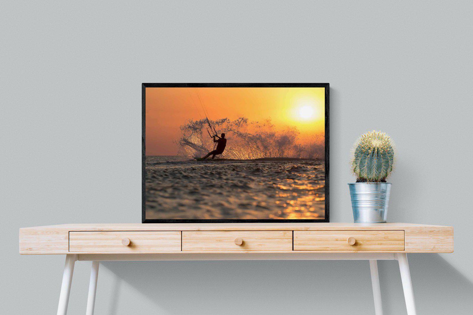 Sunset Kitesurf-Wall_Art-80 x 60cm-Mounted Canvas-Black-Pixalot
