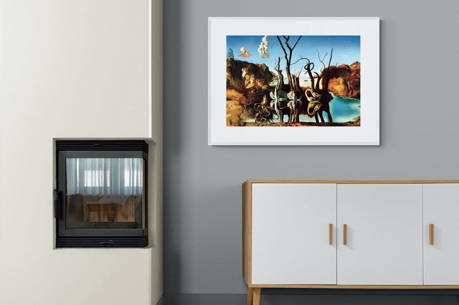 Swans Reflecting Elephants-Wall_Art-100 x 75cm-Framed Print-White-Pixalot