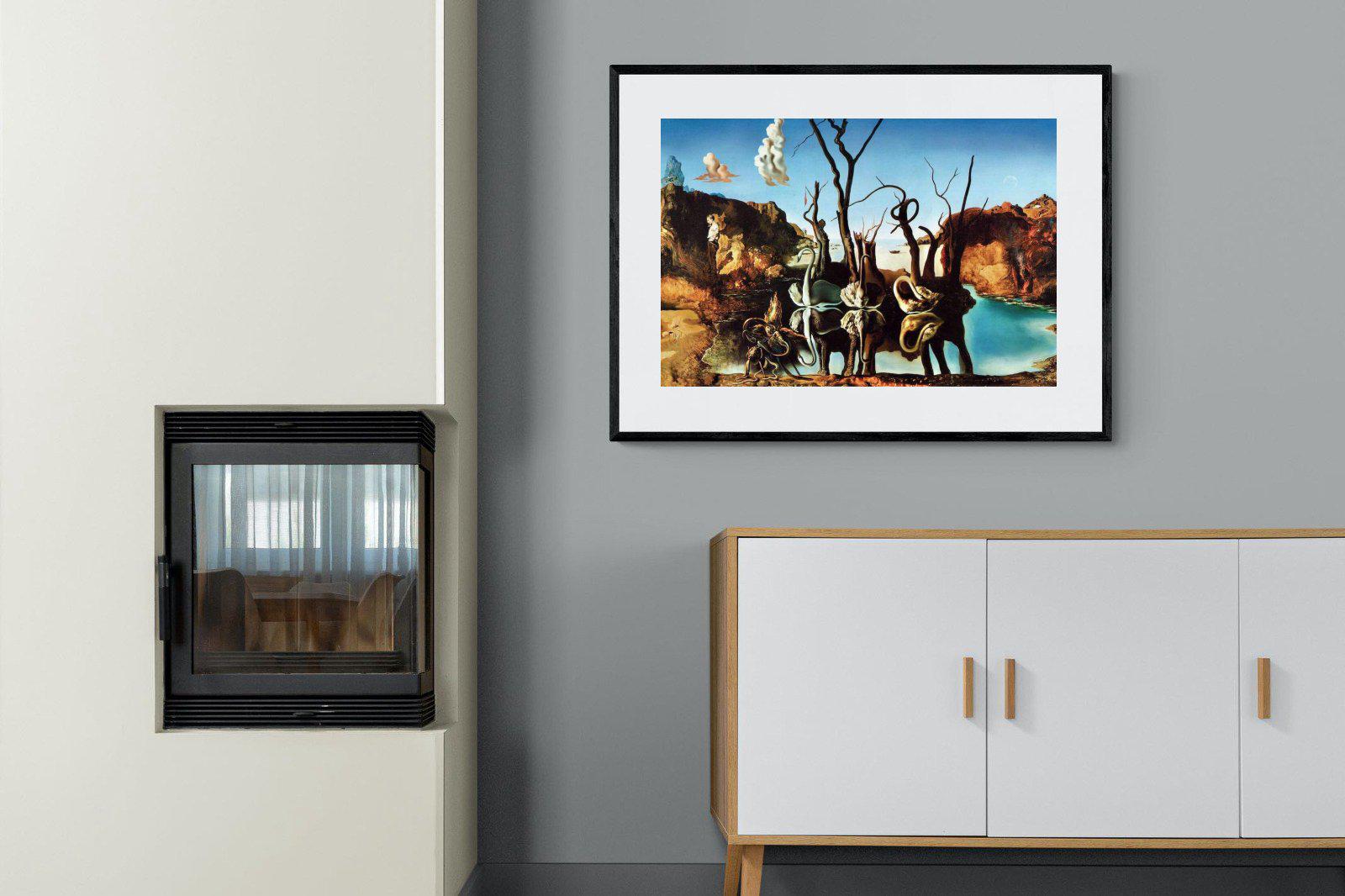 Swans Reflecting Elephants-Wall_Art-100 x 75cm-Framed Print-Black-Pixalot