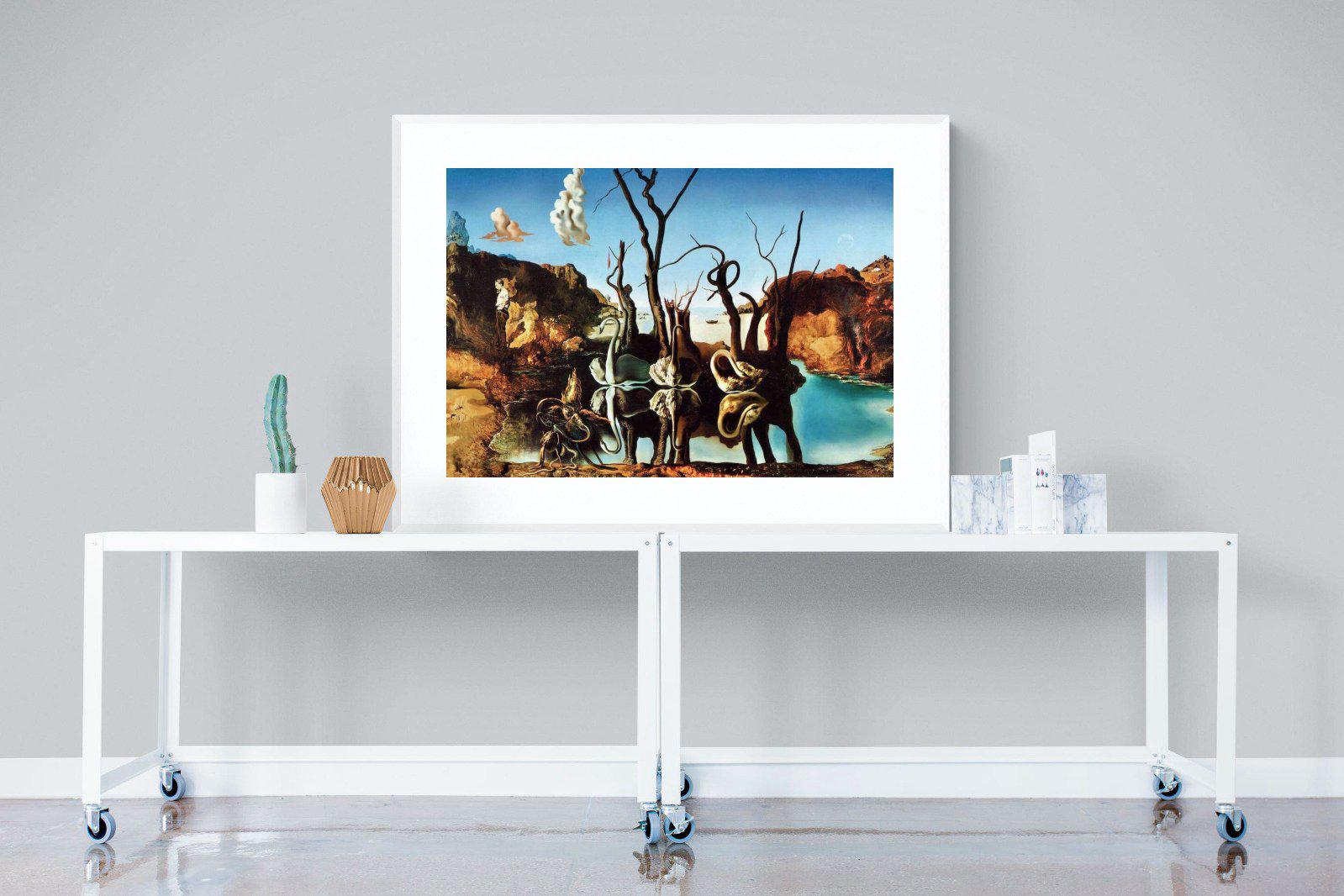 Swans Reflecting Elephants-Wall_Art-120 x 90cm-Framed Print-White-Pixalot