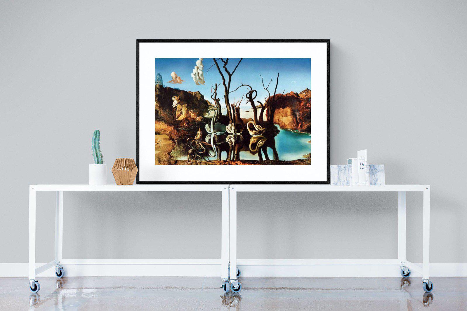 Swans Reflecting Elephants-Wall_Art-120 x 90cm-Framed Print-Black-Pixalot