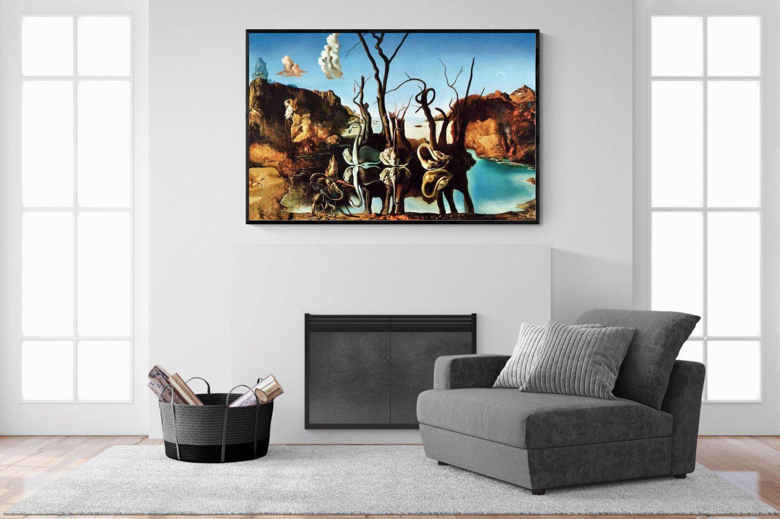Swans Reflecting Elephants-Wall_Art-150 x 100cm-Mounted Canvas-Black-Pixalot