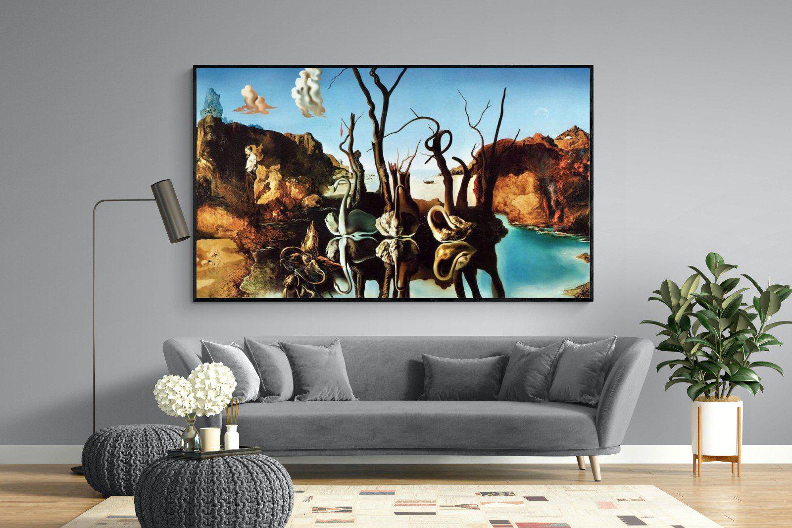 Swans Reflecting Elephants-Wall_Art-220 x 130cm-Mounted Canvas-Black-Pixalot