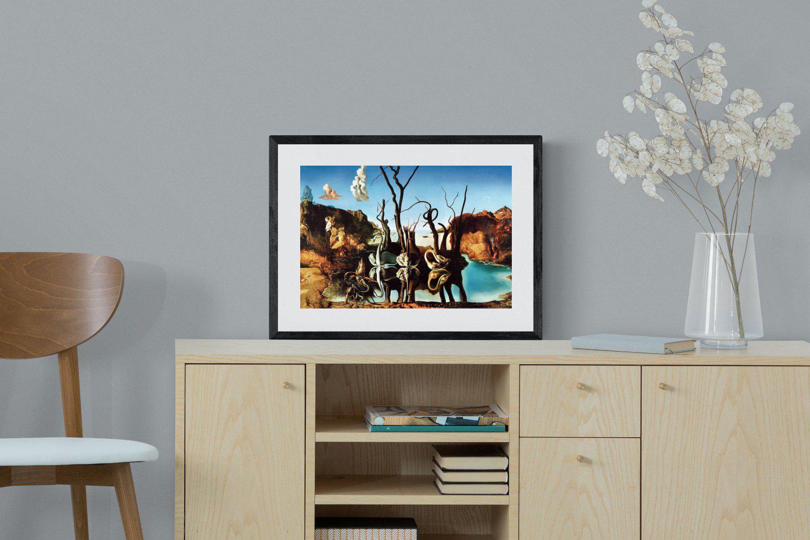 Swans Reflecting Elephants-Wall_Art-60 x 45cm-Framed Print-Black-Pixalot