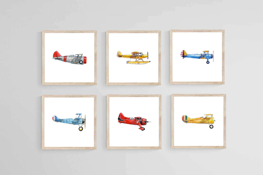Vintage Planes Set-Wall_Art-40 x 40cm (x6)-Mounted Canvas-Wood-Pixalot