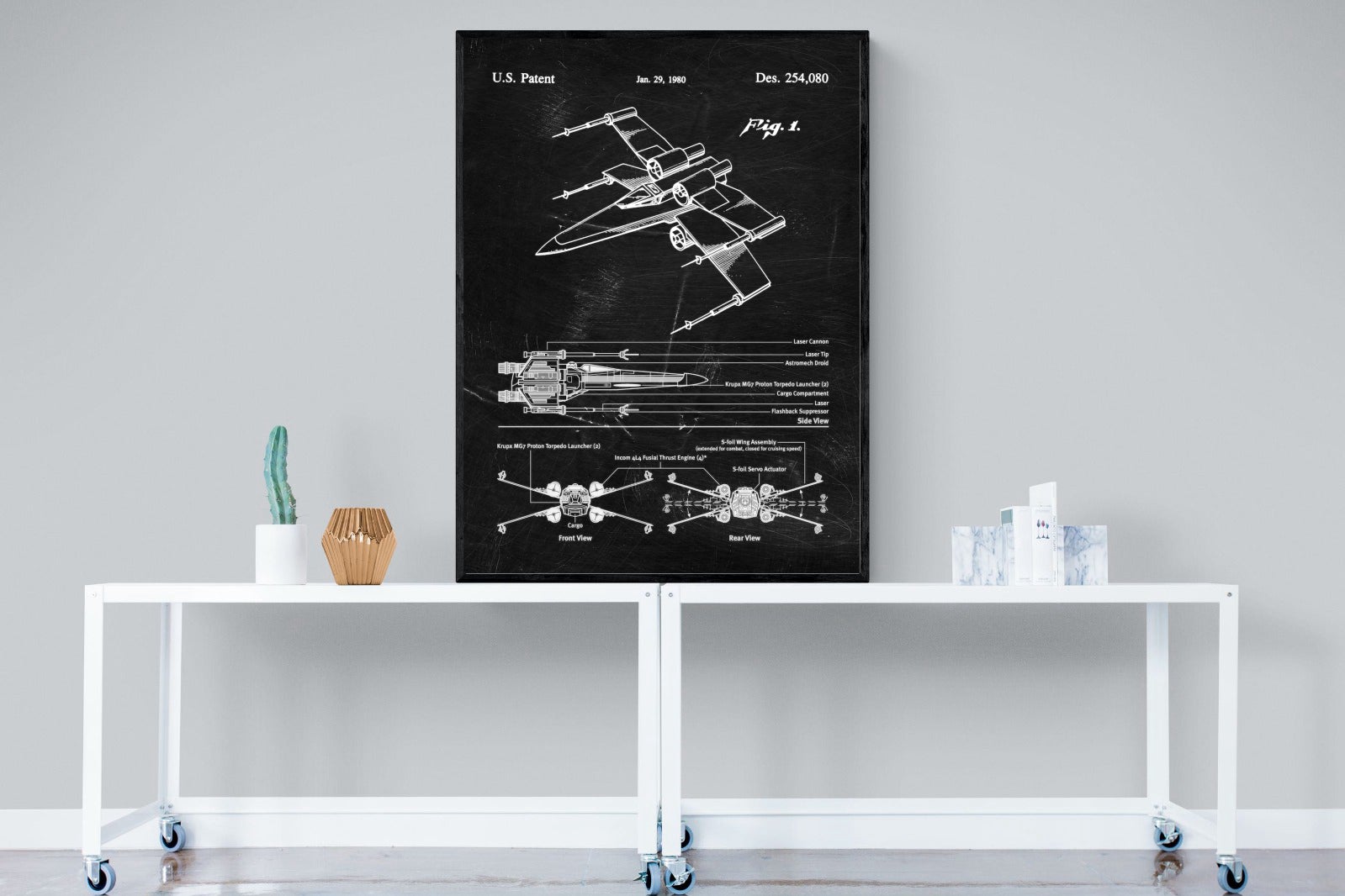 X-Wing Blueprint-Wall_Art-90 x 120cm-Mounted Canvas-Black-Pixalot