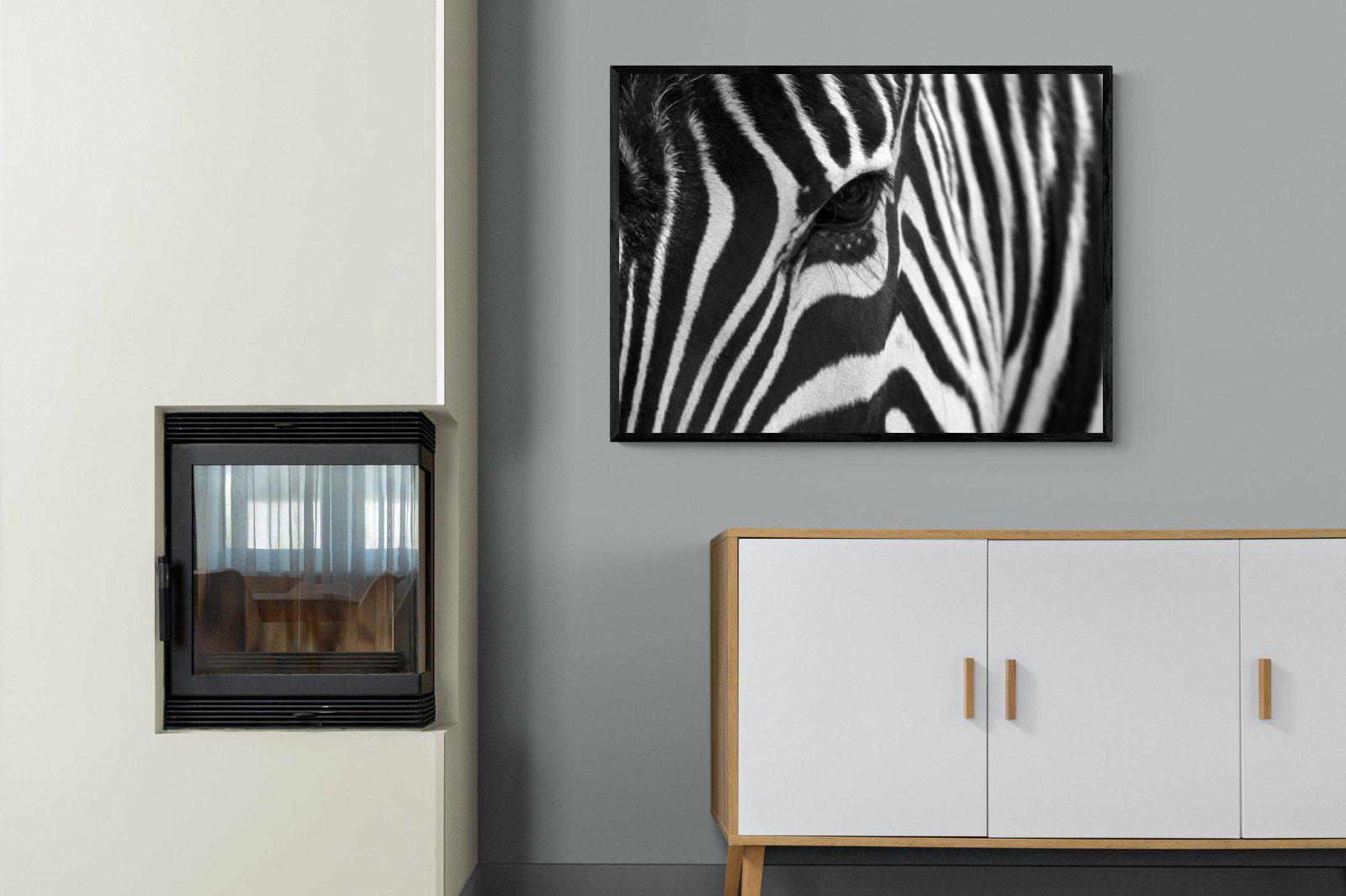 Zebra Eye-Wall_Art-100 x 75cm-Mounted Canvas-Black-Pixalot