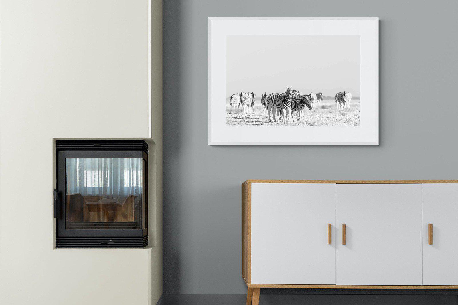 Zebra Herd-Wall_Art-100 x 75cm-Framed Print-White-Pixalot