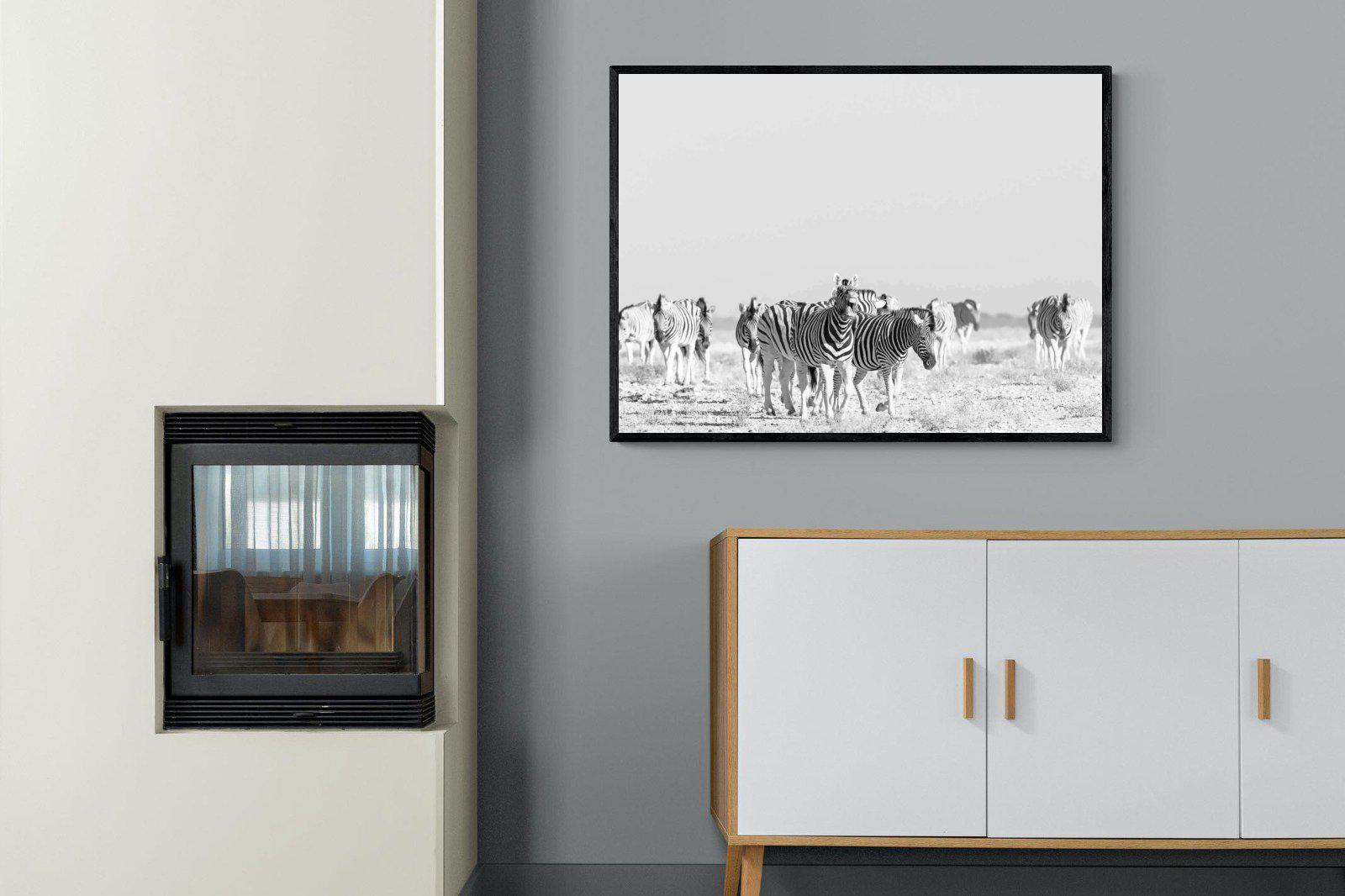 Zebra Herd-Wall_Art-100 x 75cm-Mounted Canvas-Black-Pixalot