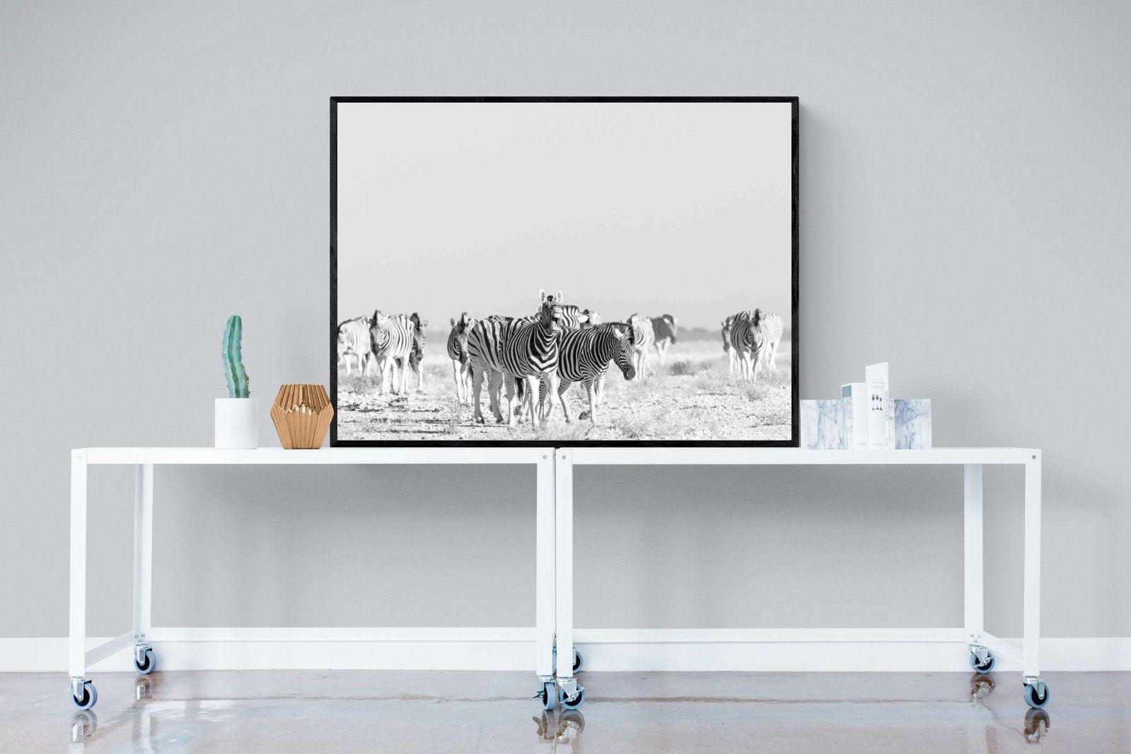 Zebra Herd-Wall_Art-120 x 90cm-Mounted Canvas-Black-Pixalot