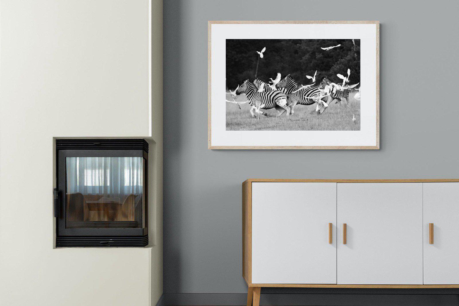 Zebra & Herons-Wall_Art-100 x 75cm-Framed Print-Wood-Pixalot