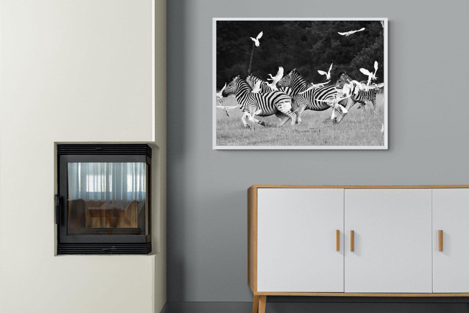 Zebra & Herons-Wall_Art-100 x 75cm-Mounted Canvas-White-Pixalot