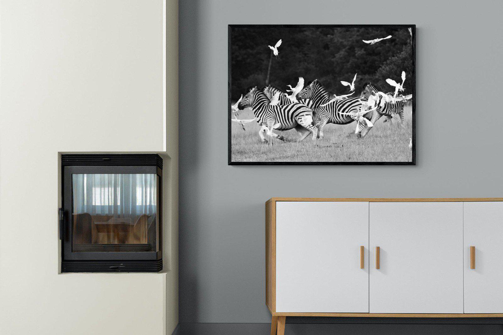 Zebra & Herons-Wall_Art-100 x 75cm-Mounted Canvas-Black-Pixalot