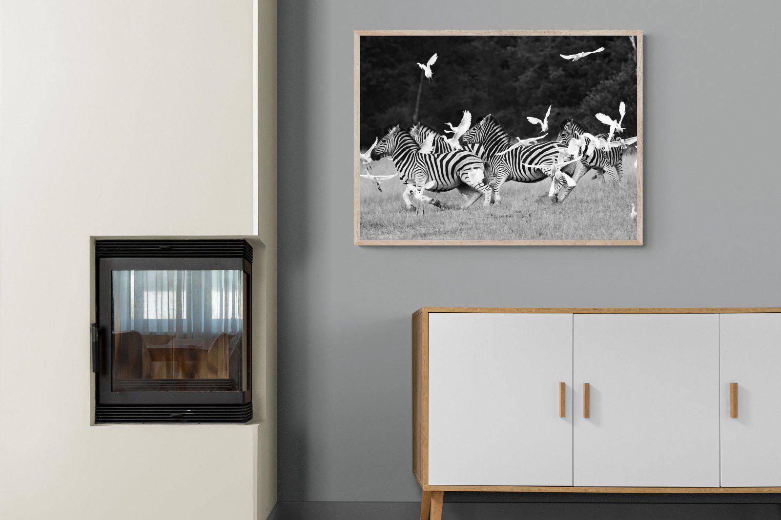 Zebra & Herons-Wall_Art-100 x 75cm-Mounted Canvas-Wood-Pixalot