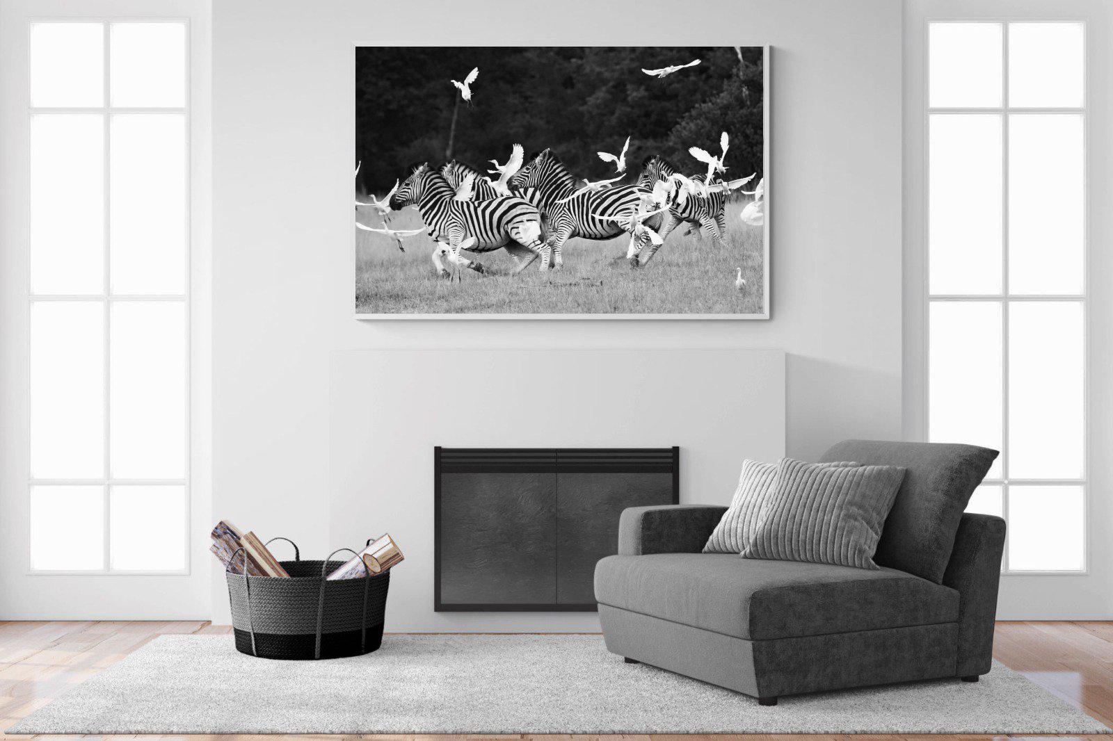 Zebra & Herons-Wall_Art-150 x 100cm-Mounted Canvas-White-Pixalot