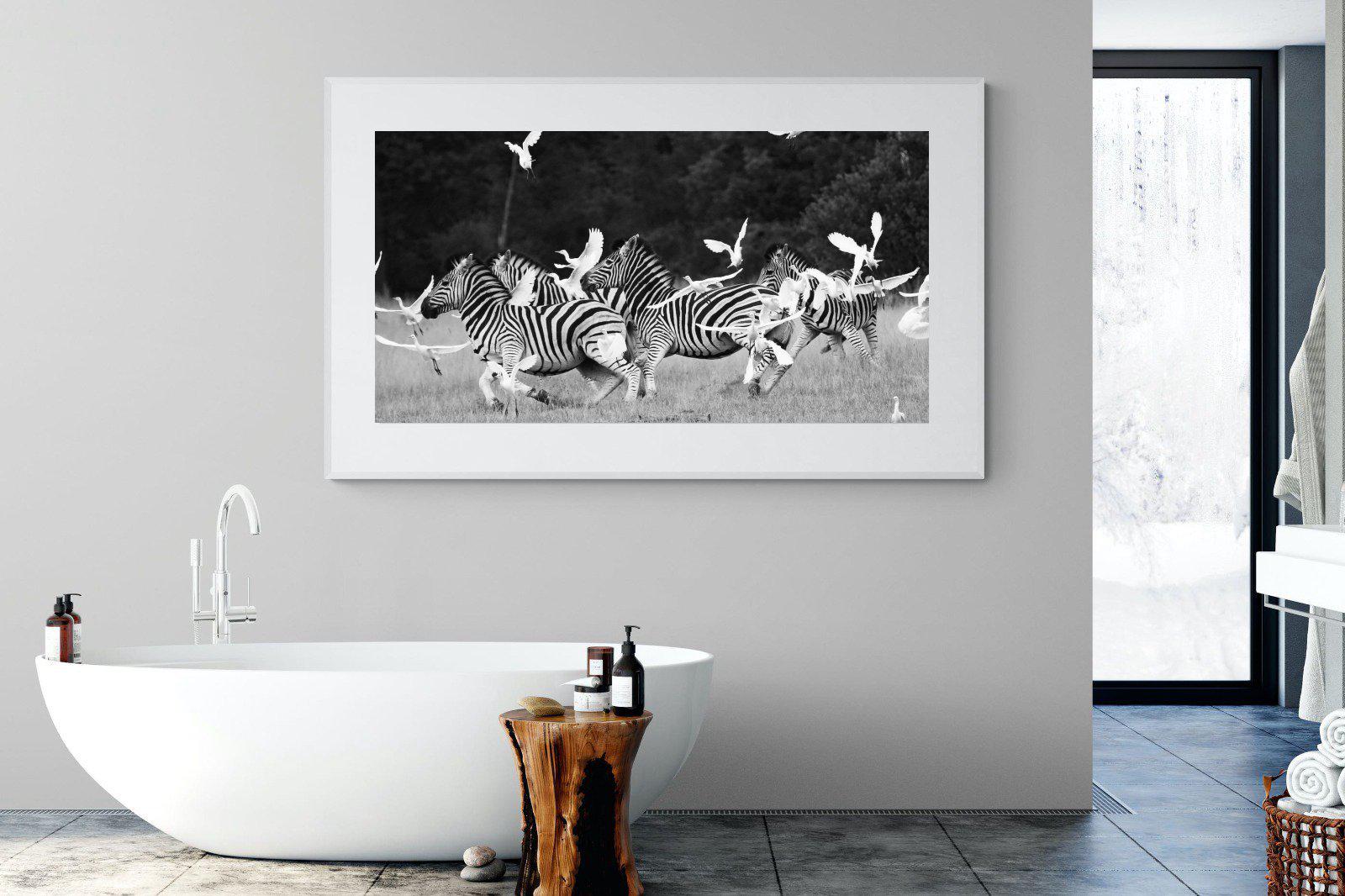 Zebra & Herons-Wall_Art-180 x 110cm-Framed Print-White-Pixalot
