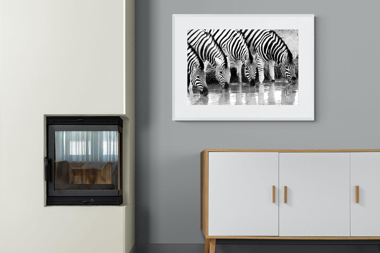 Zebra Quench-Wall_Art-100 x 75cm-Framed Print-White-Pixalot