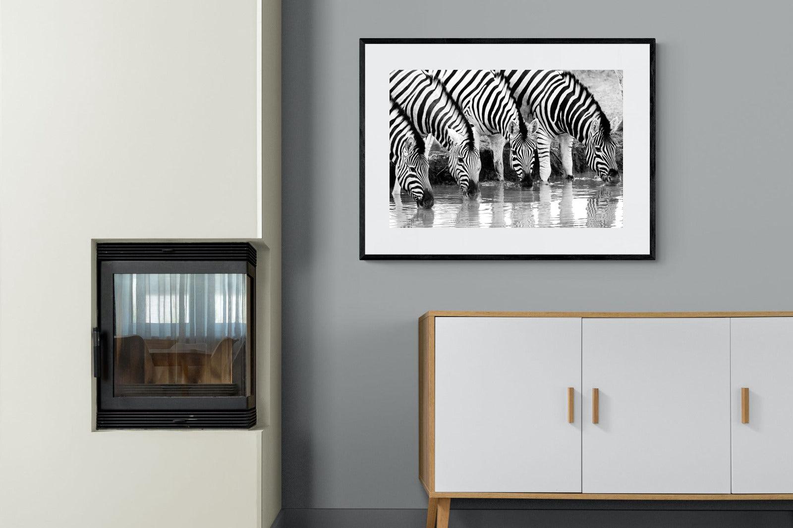 Zebra Quench-Wall_Art-100 x 75cm-Framed Print-Black-Pixalot