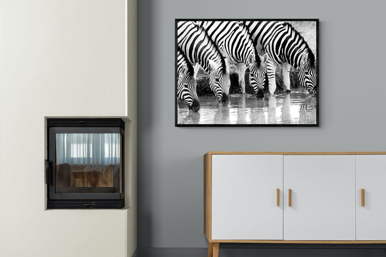 Zebra Quench-Wall_Art-100 x 75cm-Mounted Canvas-Black-Pixalot