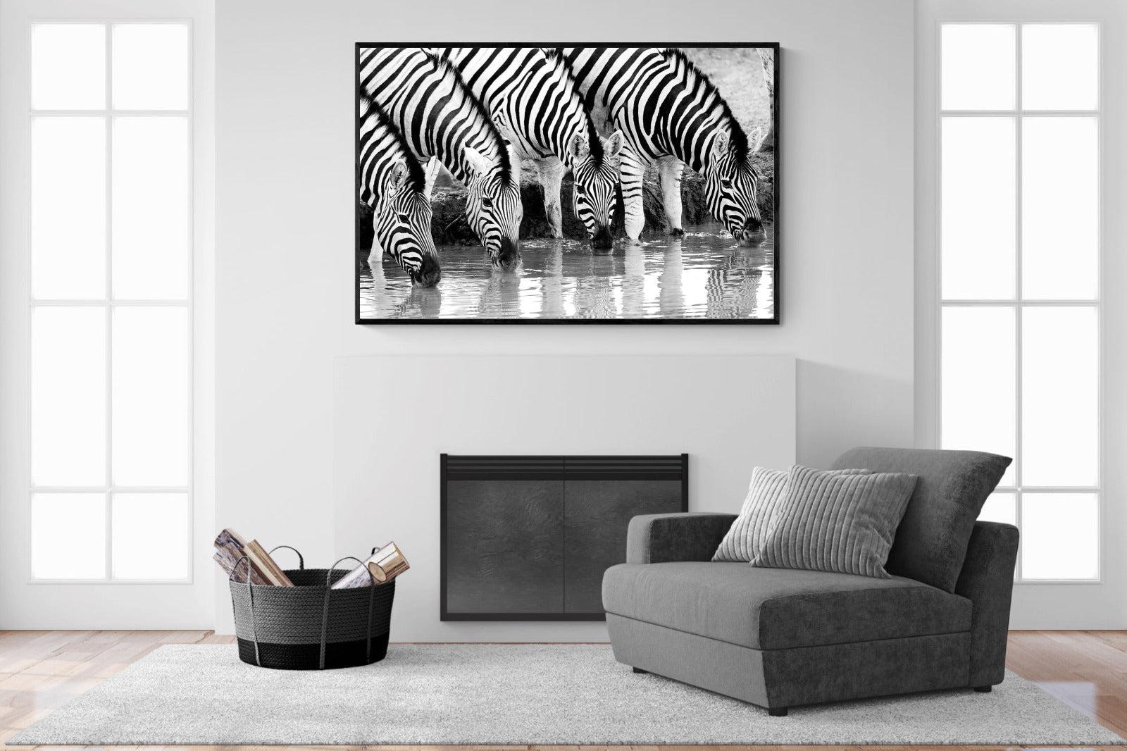 Zebra Quench-Wall_Art-150 x 100cm-Mounted Canvas-Black-Pixalot