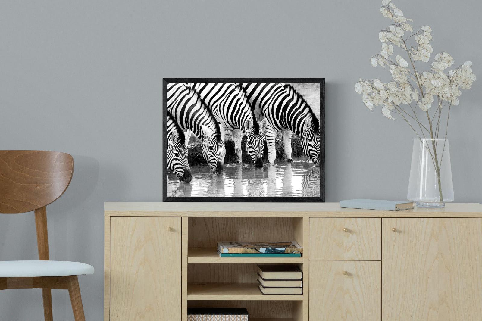 Zebra Quench-Wall_Art-60 x 45cm-Mounted Canvas-Black-Pixalot