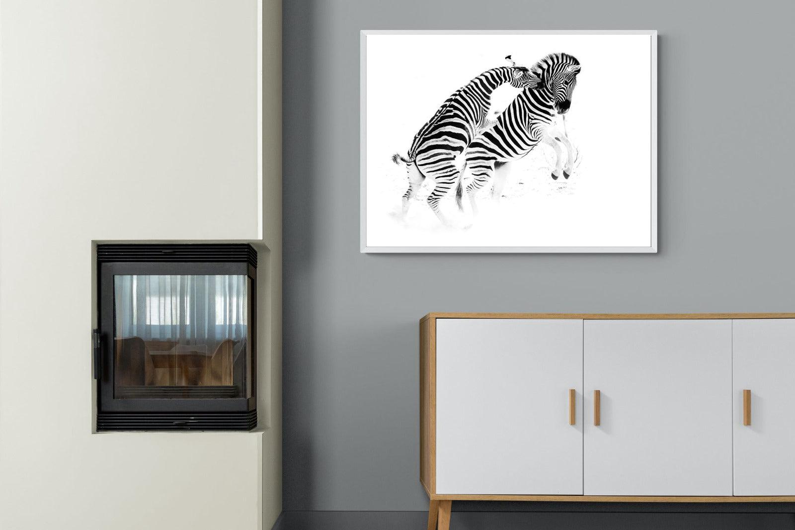 Zebra Tussle-Wall_Art-100 x 75cm-Mounted Canvas-White-Pixalot