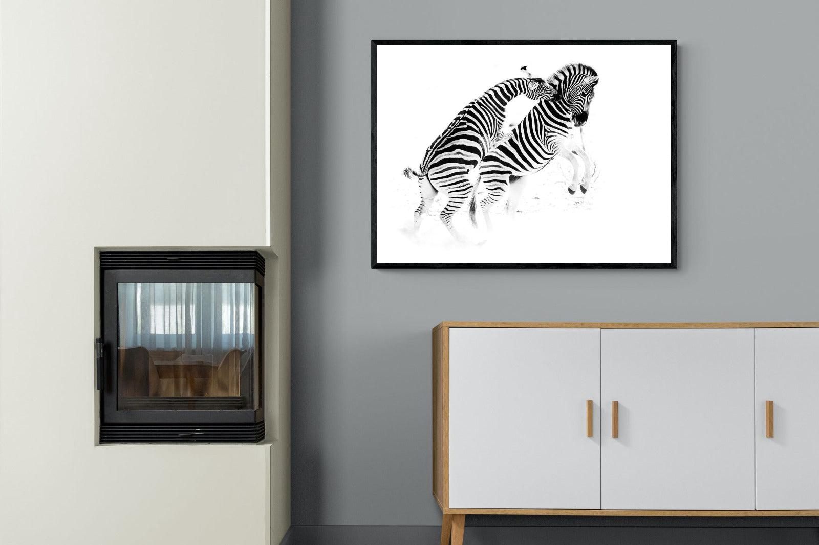 Zebra Tussle-Wall_Art-100 x 75cm-Mounted Canvas-Black-Pixalot