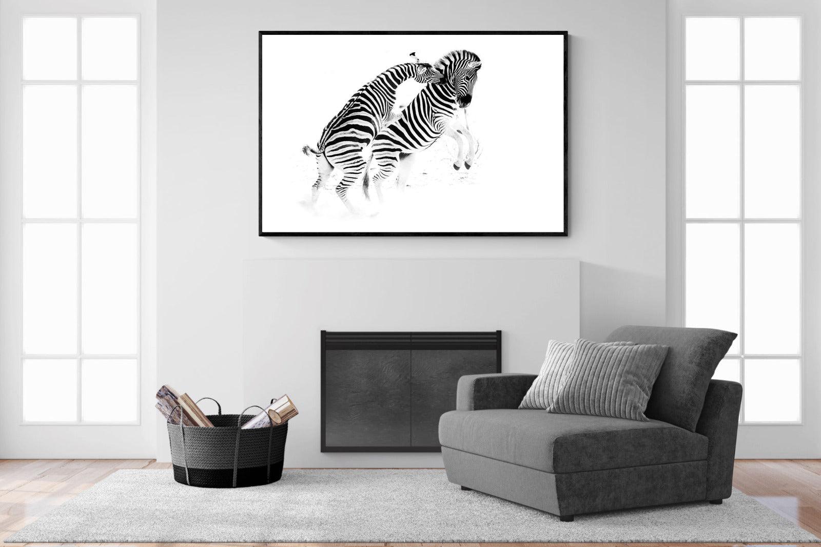 Zebra Tussle-Wall_Art-150 x 100cm-Mounted Canvas-Black-Pixalot