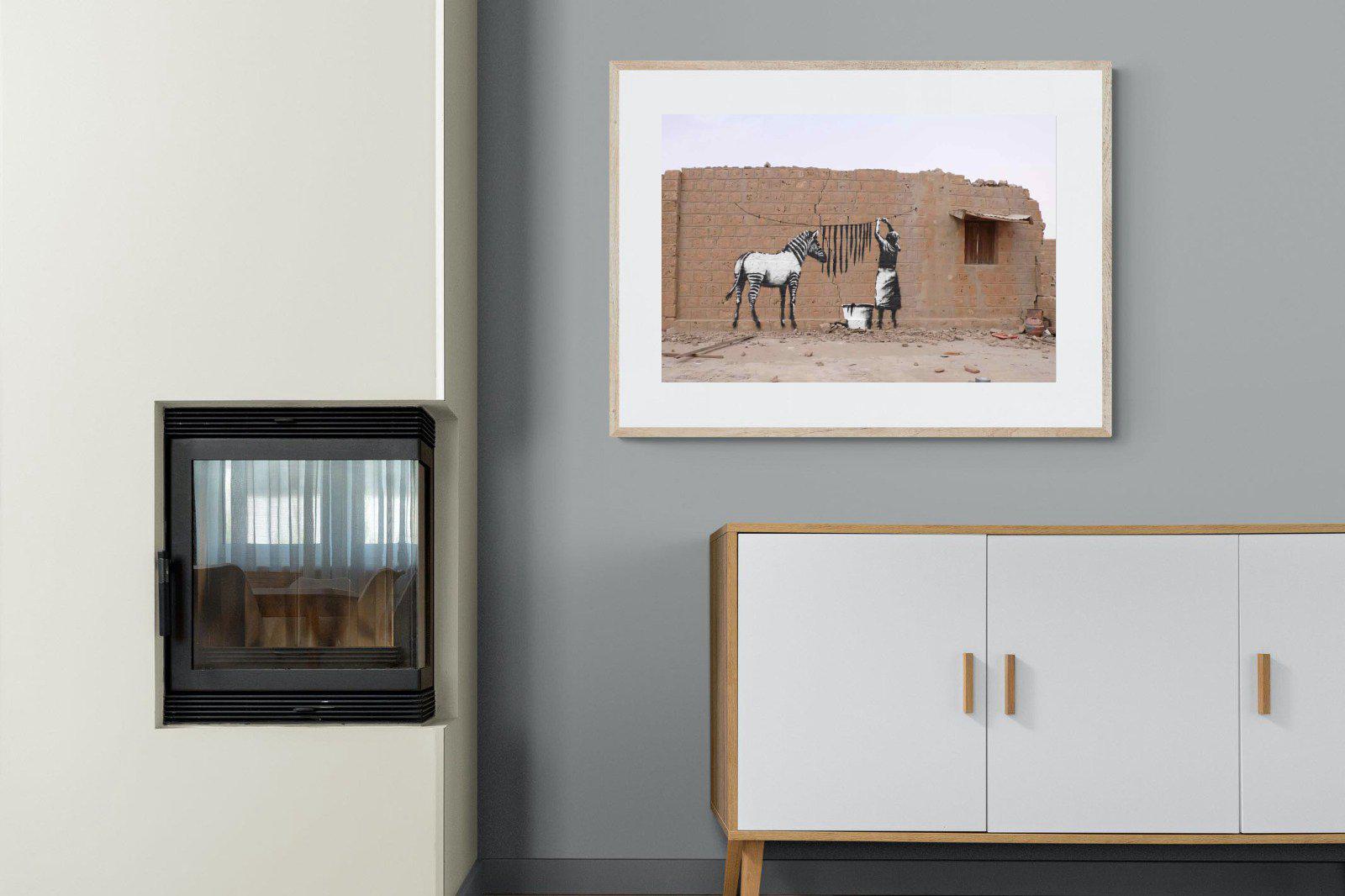 Zebra Washing Line-Wall_Art-100 x 75cm-Framed Print-Wood-Pixalot