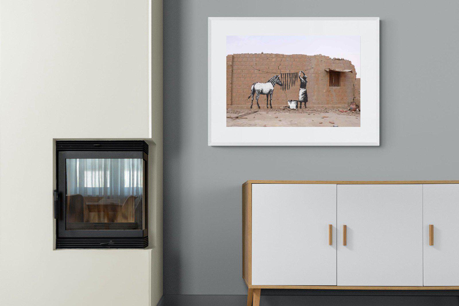 Zebra Washing Line-Wall_Art-100 x 75cm-Framed Print-White-Pixalot