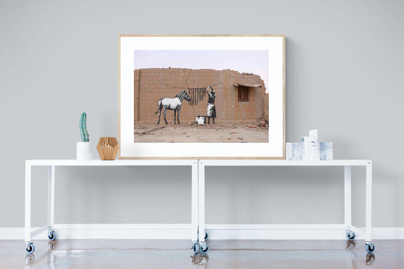 Zebra Washing Line-Wall_Art-120 x 90cm-Framed Print-Wood-Pixalot
