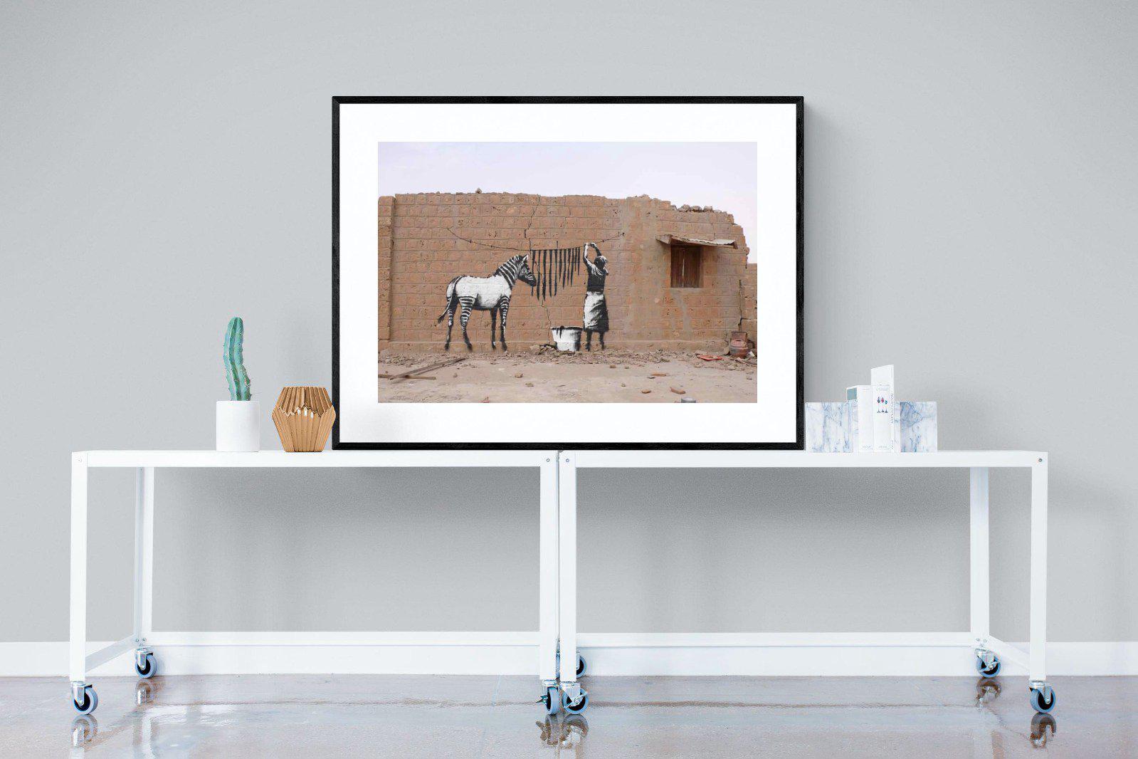 Zebra Washing Line-Wall_Art-120 x 90cm-Framed Print-Black-Pixalot