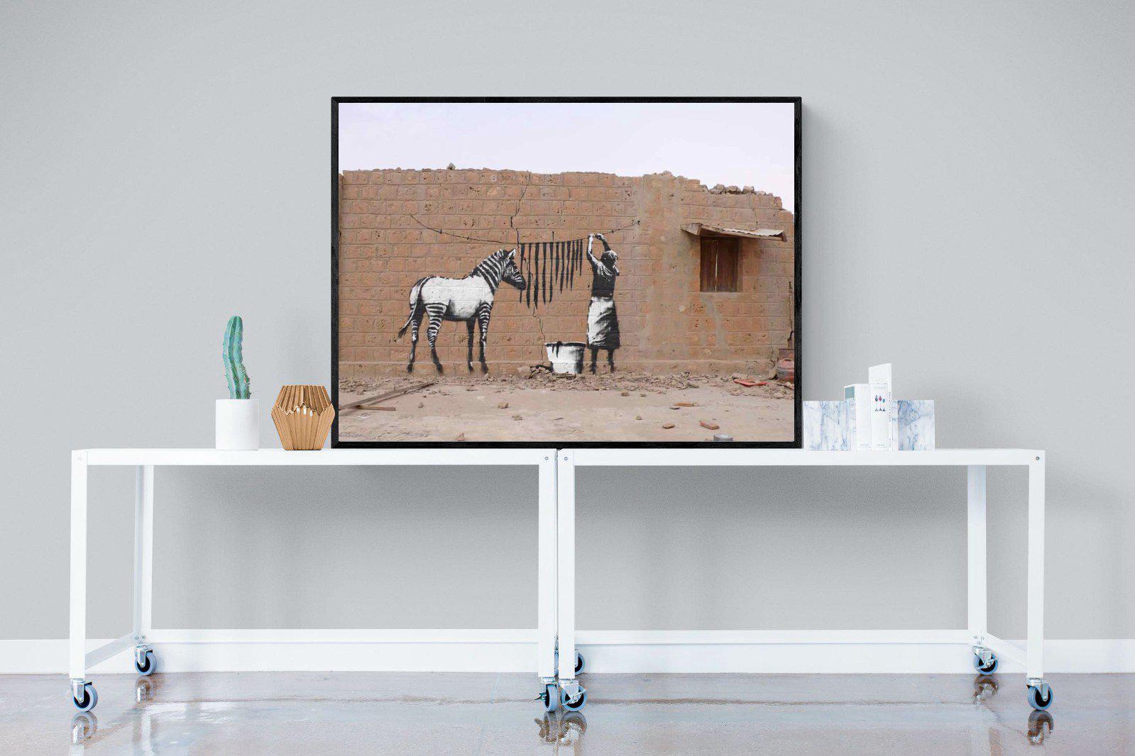 Zebra Washing Line-Wall_Art-120 x 90cm-Mounted Canvas-Black-Pixalot