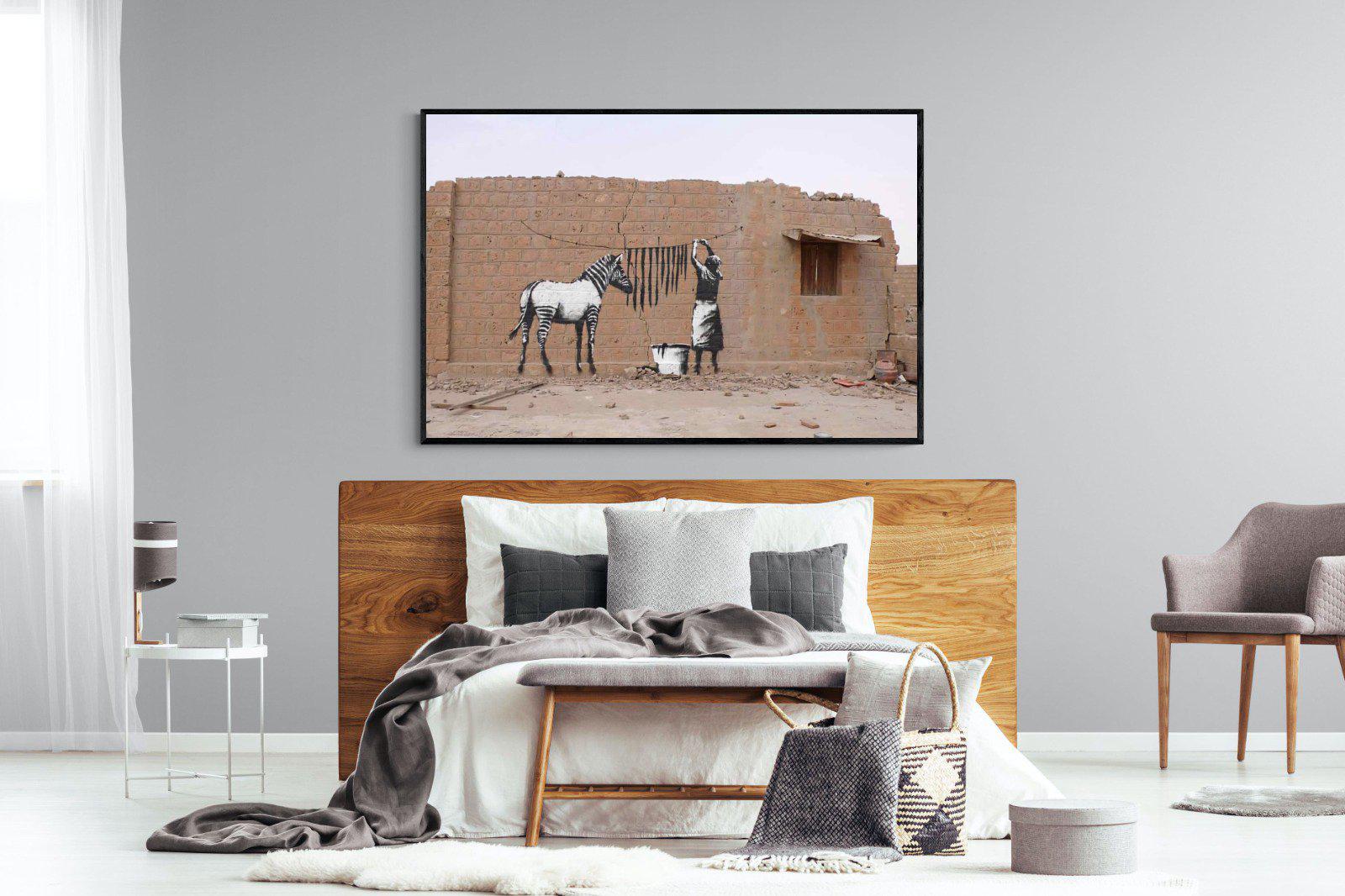 Zebra Washing Line-Wall_Art-150 x 100cm-Mounted Canvas-Black-Pixalot