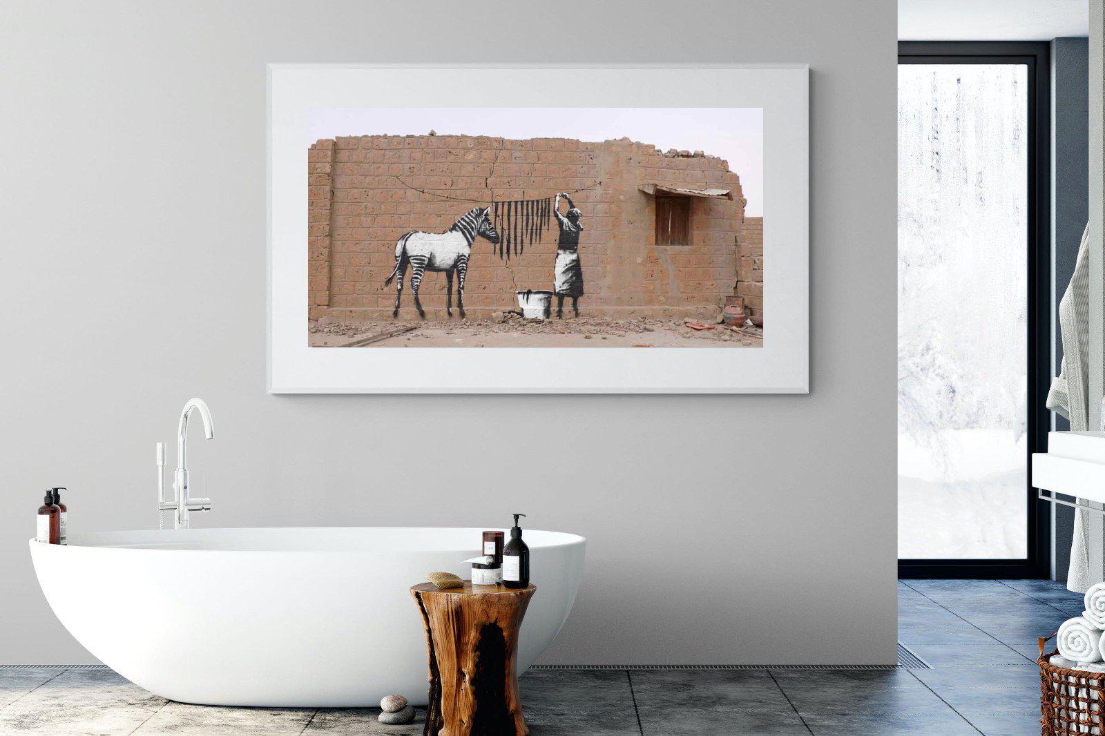 Zebra Washing Line-Wall_Art-180 x 110cm-Framed Print-White-Pixalot