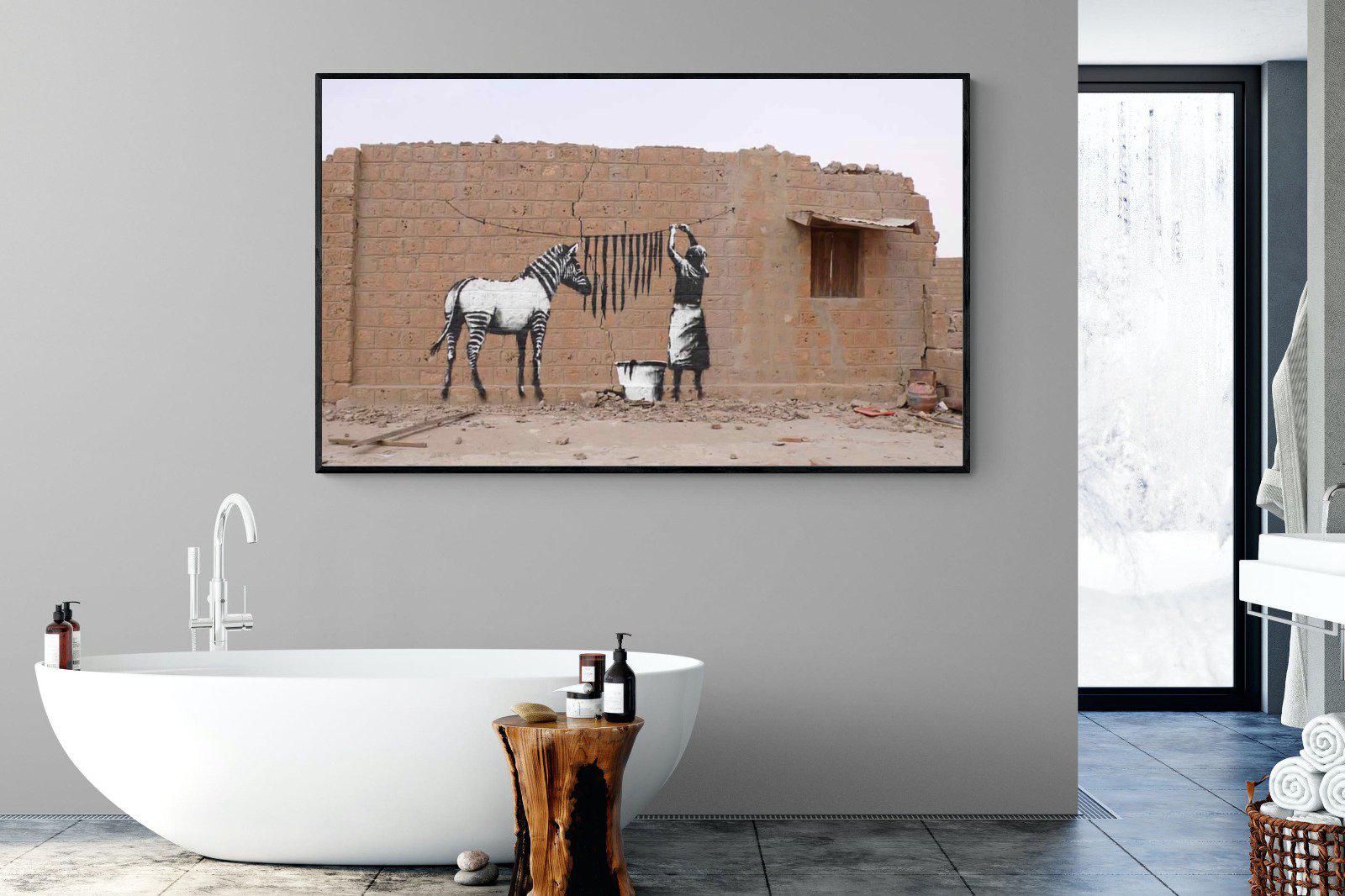 Zebra Washing Line-Wall_Art-180 x 110cm-Mounted Canvas-Black-Pixalot