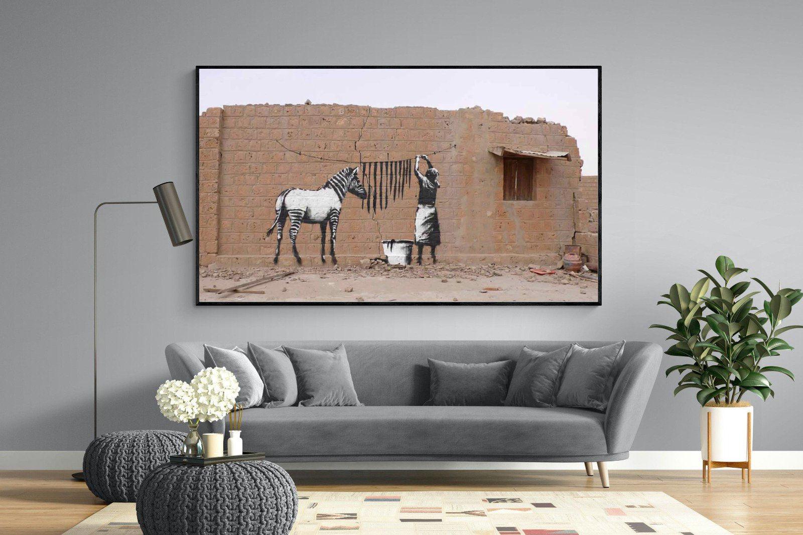 Zebra Washing Line-Wall_Art-220 x 130cm-Mounted Canvas-Black-Pixalot