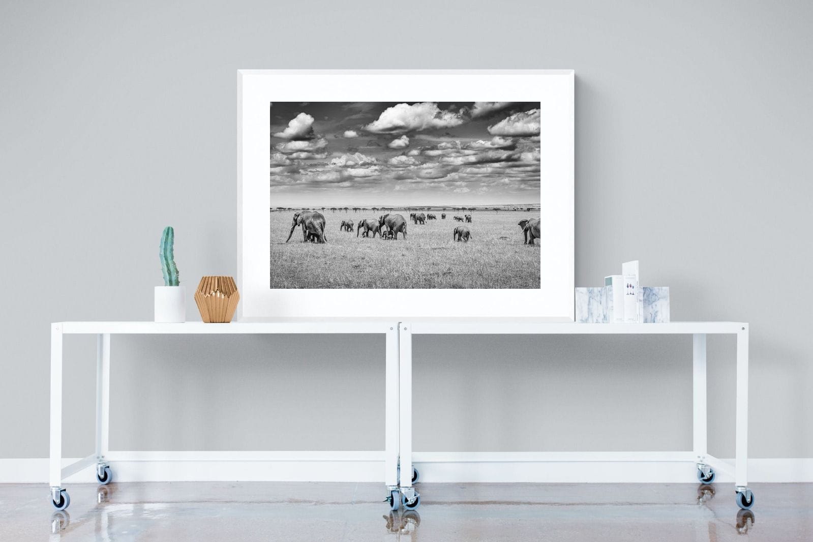 Amboseli Elephant Convoy-Wall_Art-120 x 90cm-Framed Print-White-Pixalot