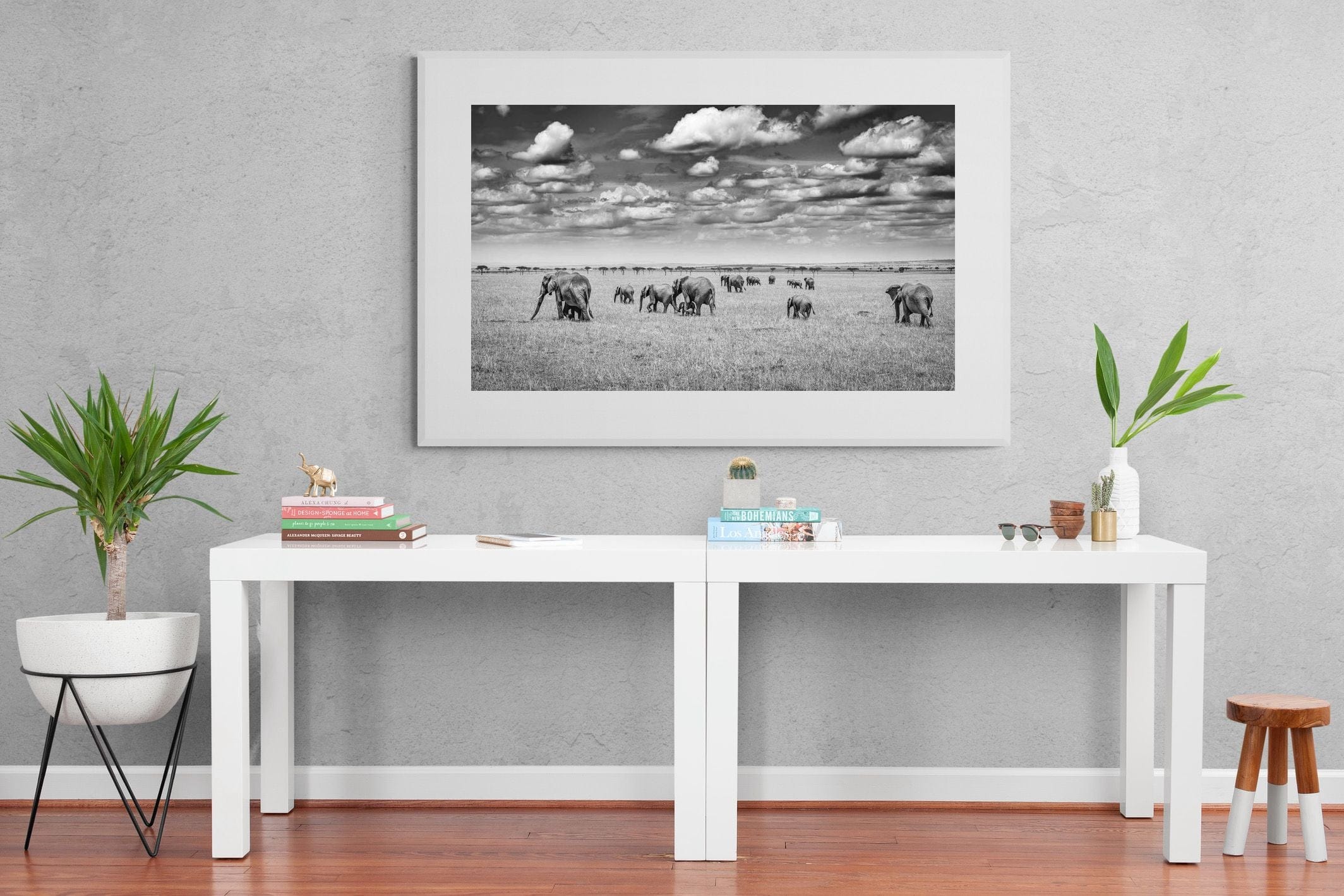 Amboseli Elephant Convoy-Wall_Art-150 x 100cm-Framed Print-White-Pixalot